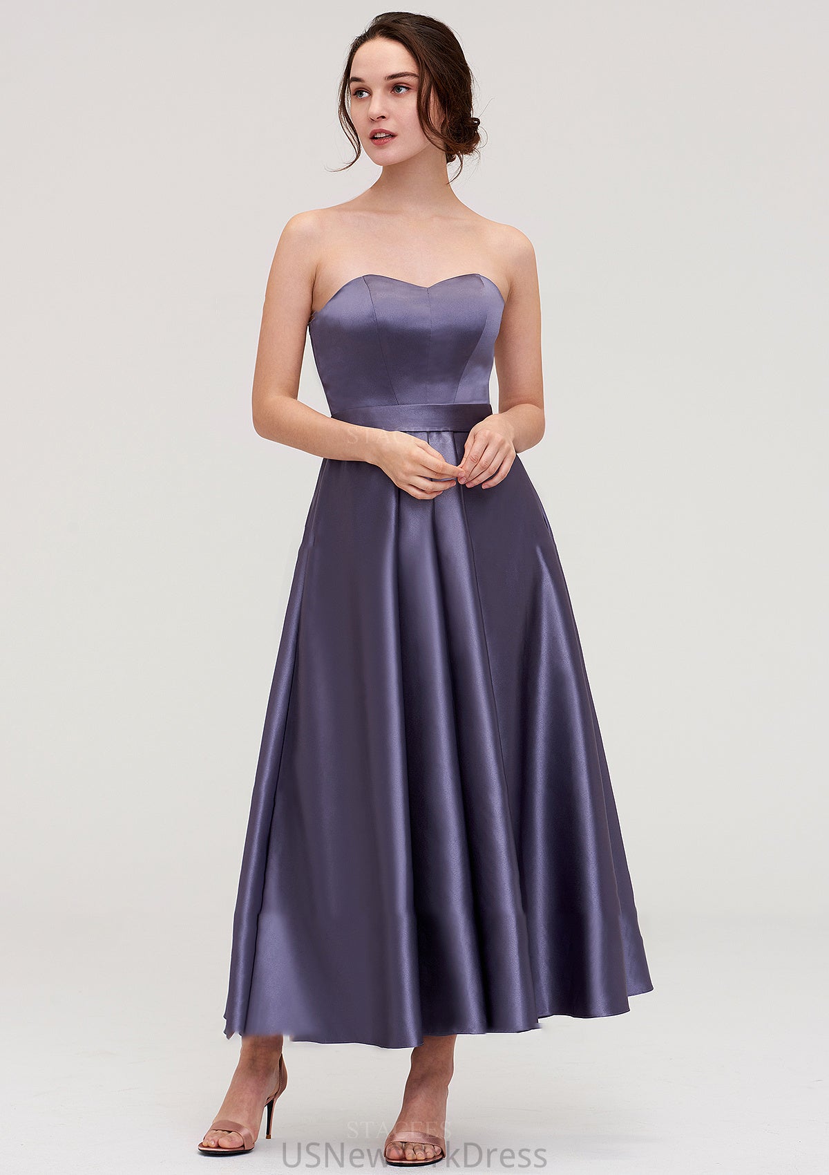 Sweetheart Sleeveless A-line/Princess Satin Ankle-Length Bridesmaid Dresses With Pleated Adyson DJP0025408