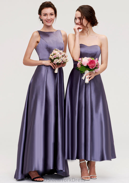 Sleeveless Bateau Ankle-Length Satin A-line/Princess Bridesmaid Dresses With Pleated Nicola DJP0025409