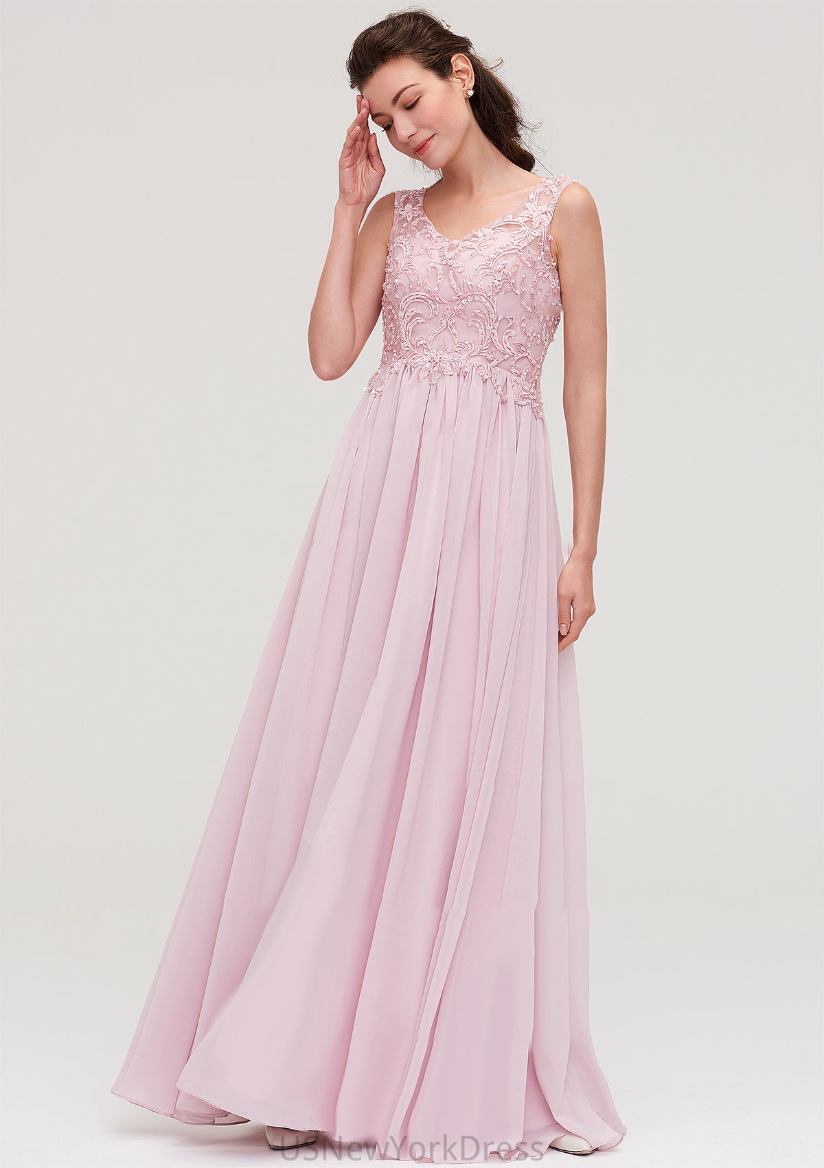 Sleeveless V Neck A-line/Princess Chiffon Long/Floor-Length Bridesmaid Dresseses With Beading Appliqued Ellie DJP0025410