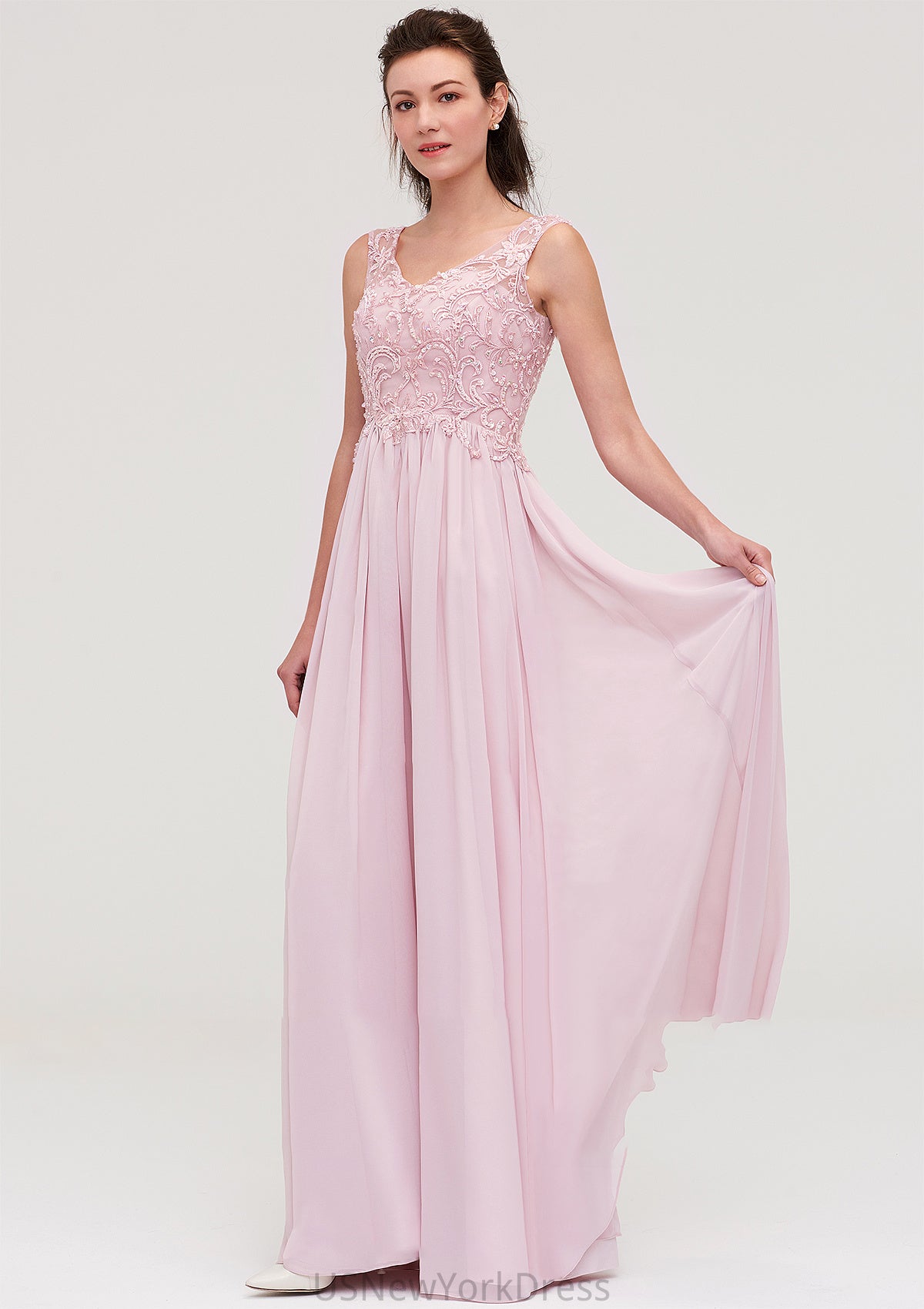 Sleeveless V Neck A-line/Princess Chiffon Long/Floor-Length Bridesmaid Dresseses With Beading Appliqued Ellie DJP0025410