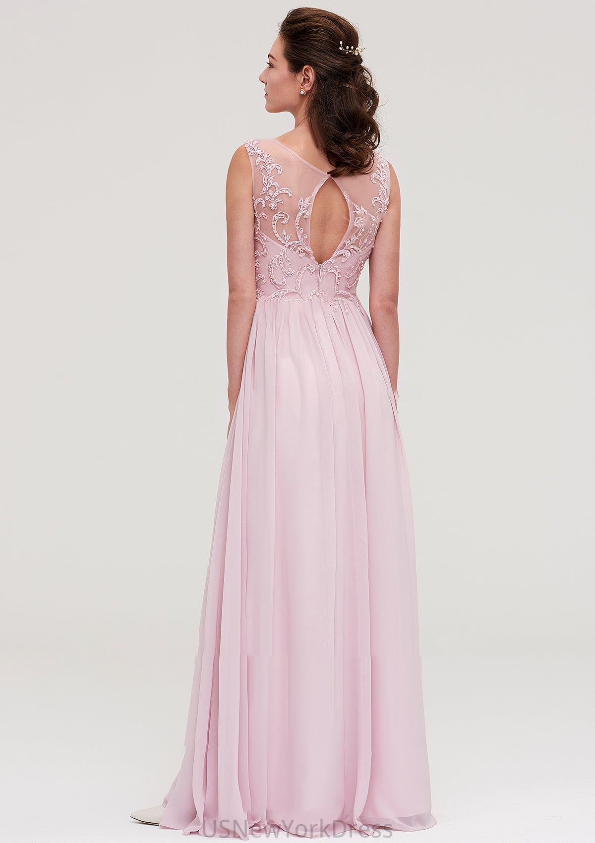 Sleeveless V Neck A-line/Princess Chiffon Long/Floor-Length Bridesmaid Dresseses With Beading Appliqued Ellie DJP0025410