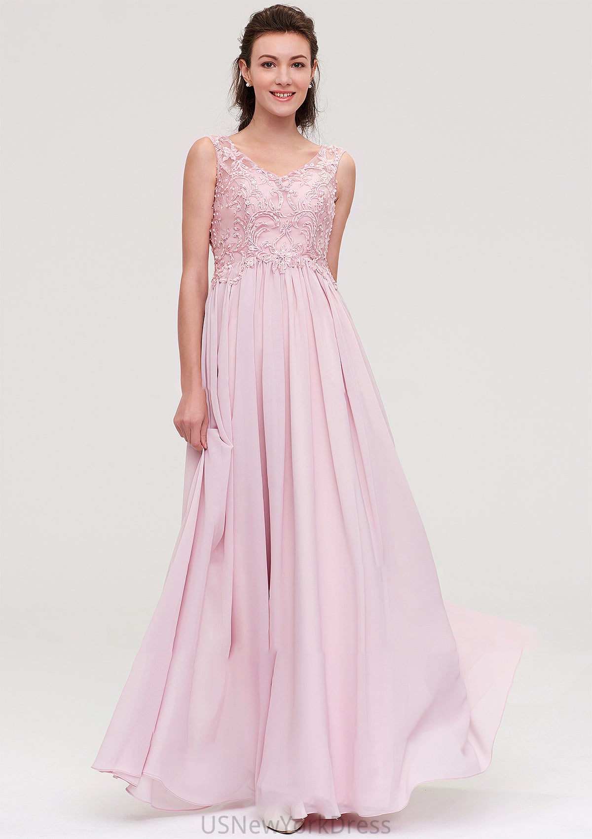 Sleeveless V Neck A-line/Princess Chiffon Long/Floor-Length Bridesmaid Dresseses With Beading Appliqued Ellie DJP0025410