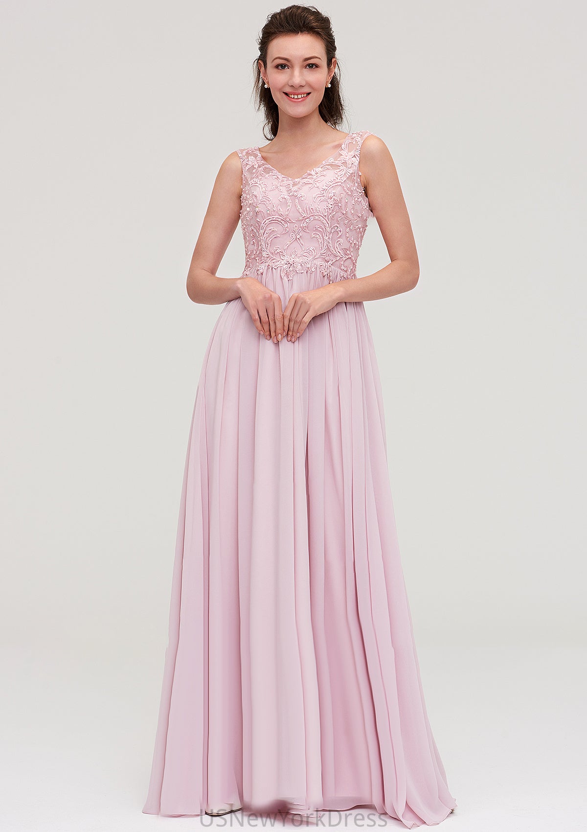 Sleeveless V Neck A-line/Princess Chiffon Long/Floor-Length Bridesmaid Dresseses With Beading Appliqued Ellie DJP0025410