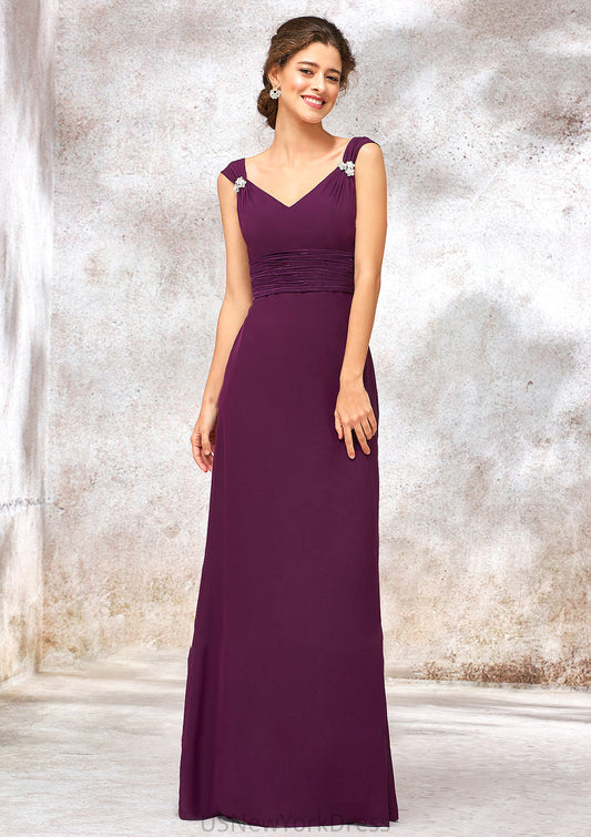 V Neck Sleeveless Long/Floor-Length Sheath/Column Chiffon Bridesmaid Dresses With Sashes Pleated Beading Amiya DJP0025412