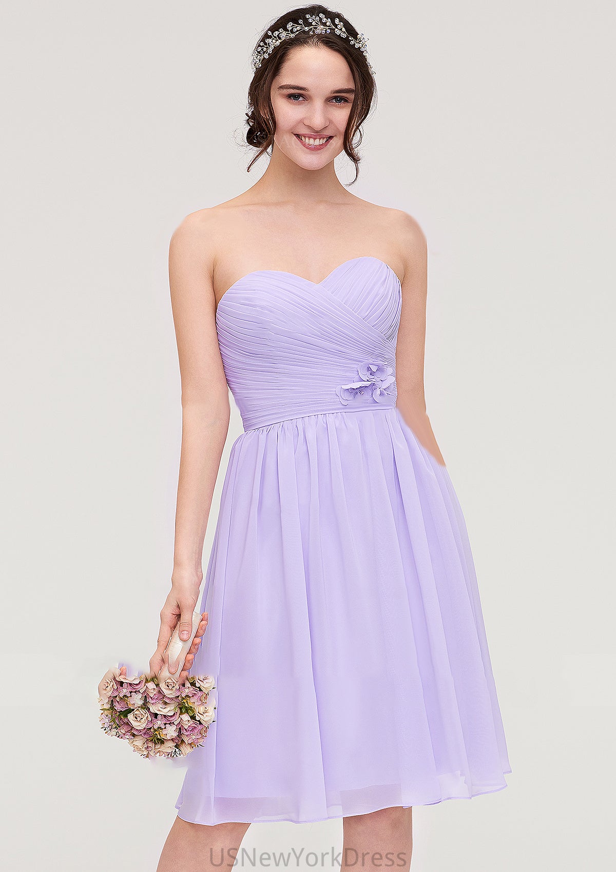 Sleeveless Sweetheart Chiffon Knee-Length A-line/Princess Bridesmaid Dresses With Pleated Flowers Madilynn DJP0025413