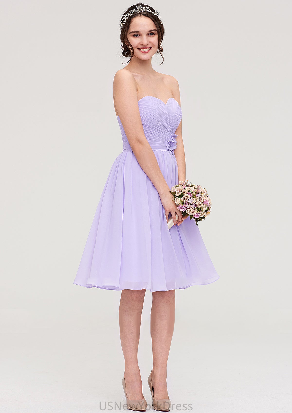 Sleeveless Sweetheart Chiffon Knee-Length A-line/Princess Bridesmaid Dresses With Pleated Flowers Madilynn DJP0025413