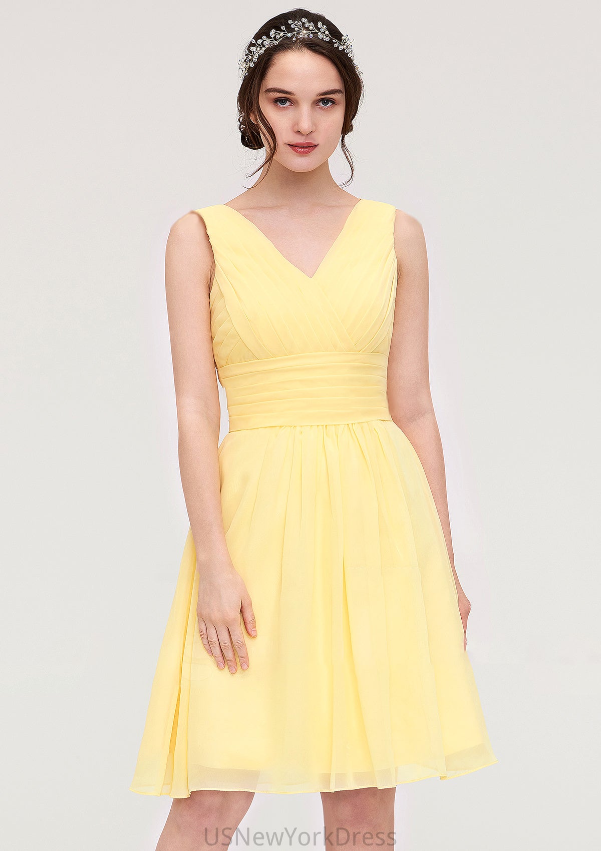 V Neck Sleeveless A-line/Princess Chiffon Knee-Length Bridesmaid Dresses With Pleated Celeste DJP0025414