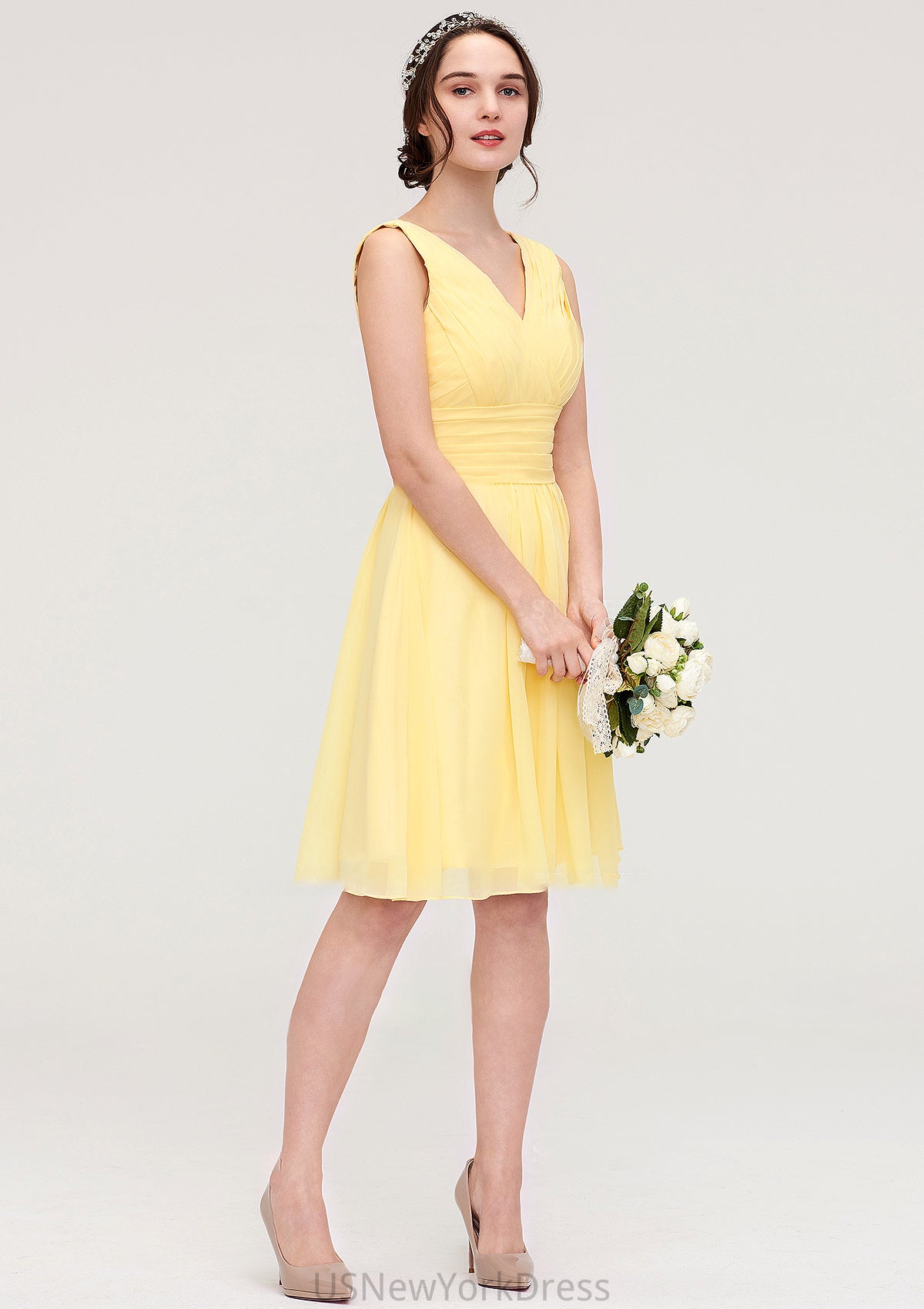 V Neck Sleeveless A-line/Princess Chiffon Knee-Length Bridesmaid Dresses With Pleated Celeste DJP0025414