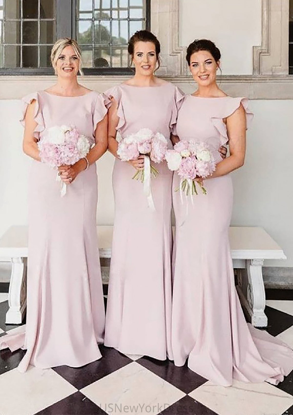 Sheath/Column Scoop Neck Sleeveless Sweep Train Elastic Satin Bridesmaid Dresses With Ruffles Aimee DJP0025415