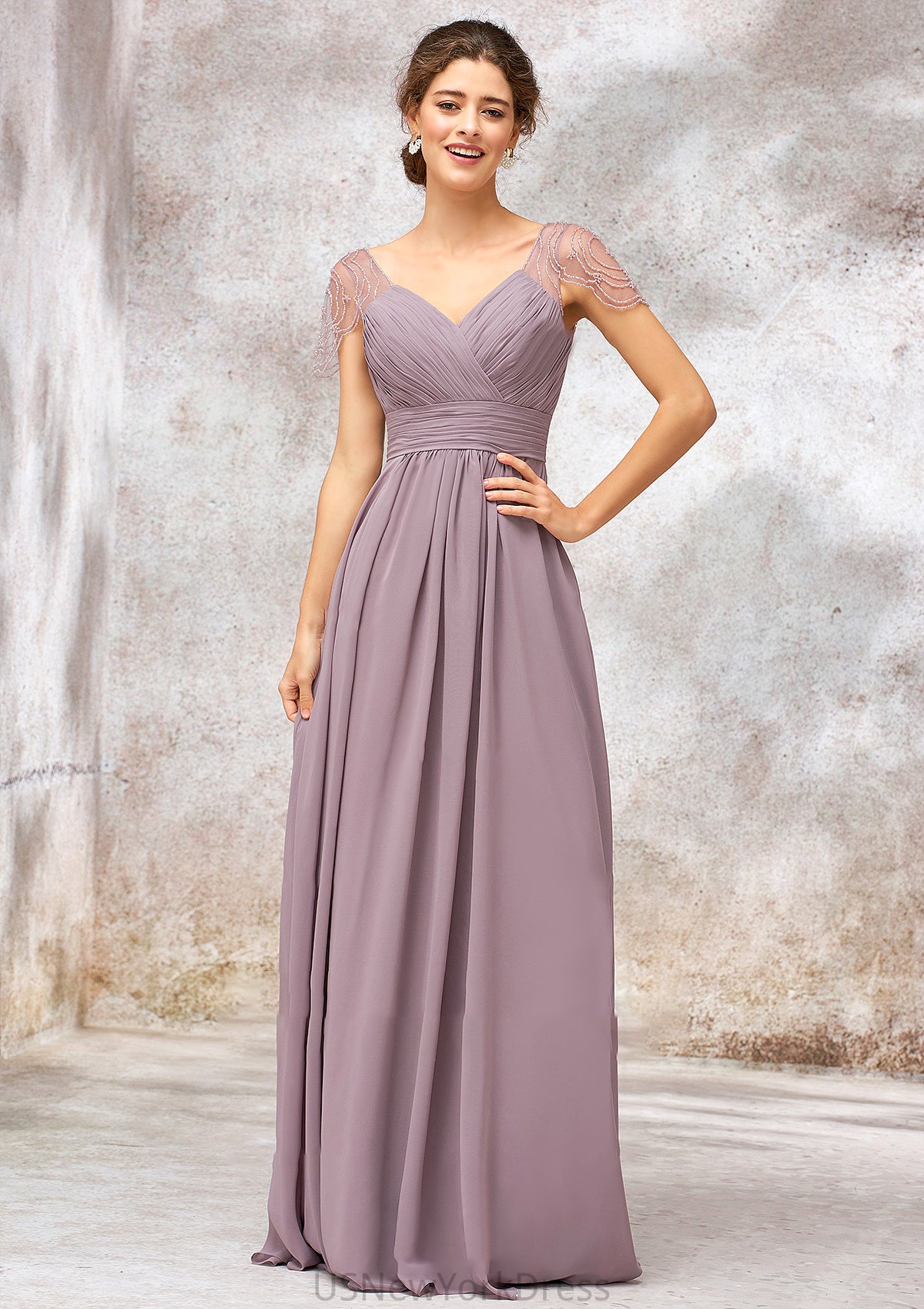 V Neck Long/Floor-Length Chiffon A-line/Princess Bridesmaid Dresses With Pleated Beading Kim DJP0025416