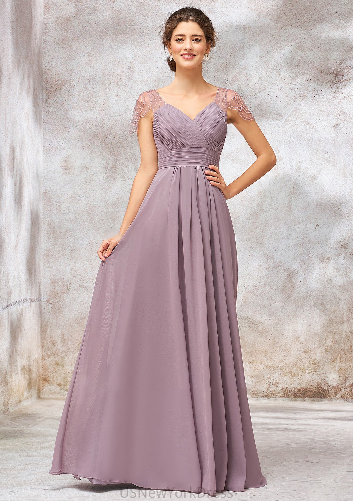 V Neck Long/Floor-Length Chiffon A-line/Princess Bridesmaid Dresses With Pleated Beading Kim DJP0025416