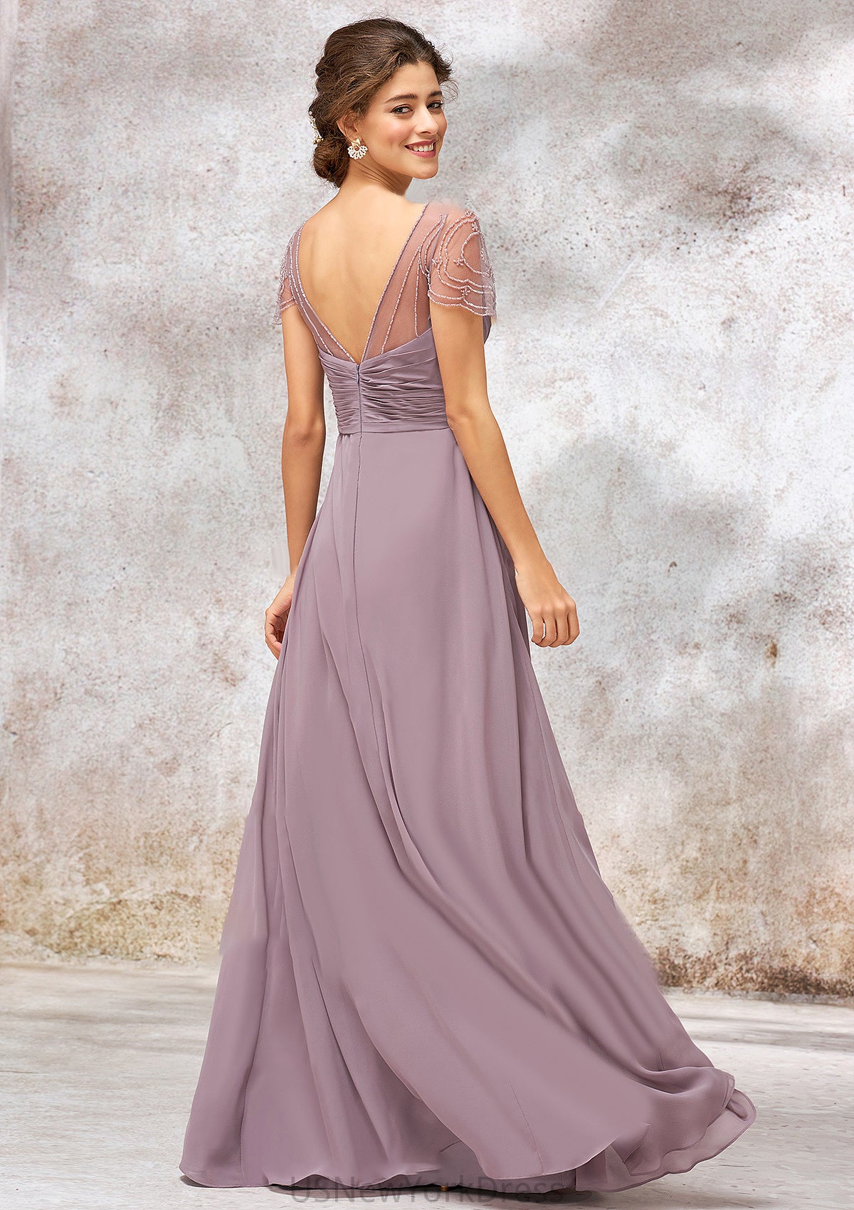 V Neck Long/Floor-Length Chiffon A-line/Princess Bridesmaid Dresses With Pleated Beading Kim DJP0025416