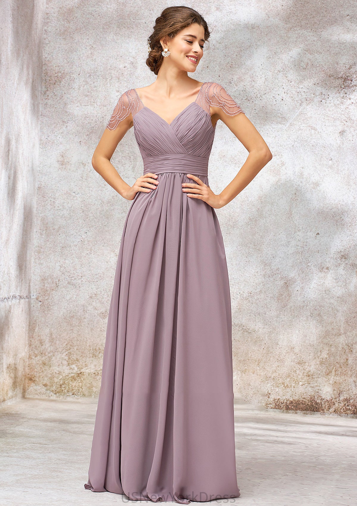 V Neck Long/Floor-Length Chiffon A-line/Princess Bridesmaid Dresses With Pleated Beading Kim DJP0025416