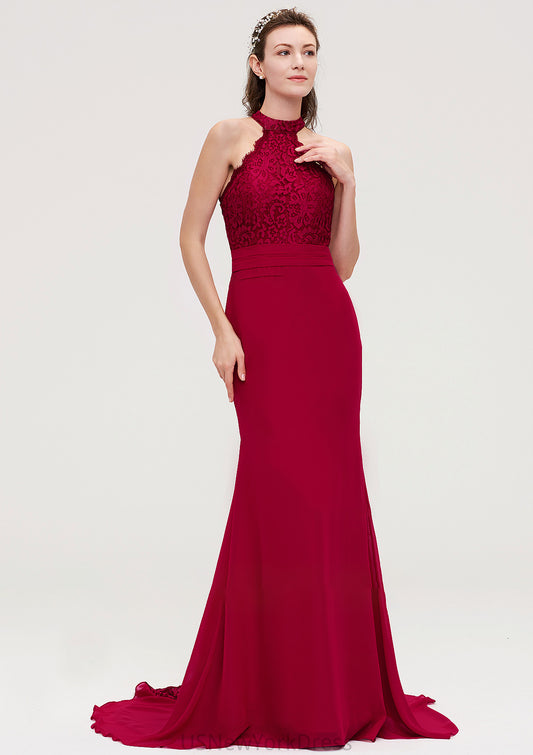 Sleeveless Scoop Neck Court Train Trumpet/Mermaid Chiffon Bridesmaid Dresseses With Lace Elva DJP0025417