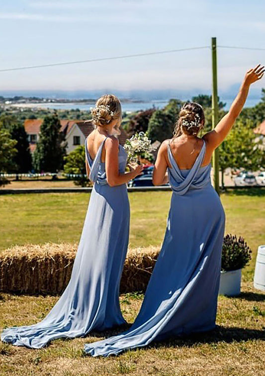 A-line V Neck Sleeveless Court Train Chiffon Bridesmaid Dresses With Pleated Fiona DJP0025419