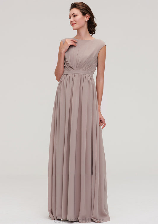 Bateau Sleeveless A-line/Princess Chiffon Long/Floor-Length Bridesmaid Dresses With Pleated Kierra DJP0025420