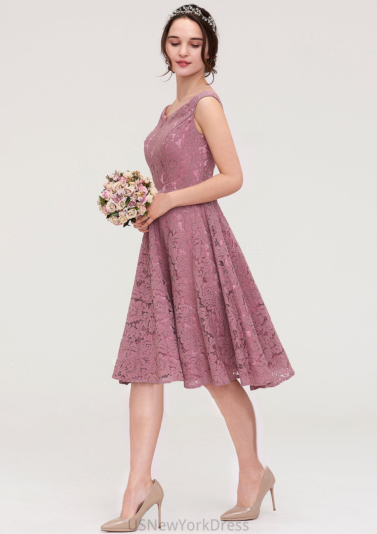 Sweetheart Sleeveless A-line/Princess Lace Knee-Length Bridesmaid Dresses Elle DJP0025421