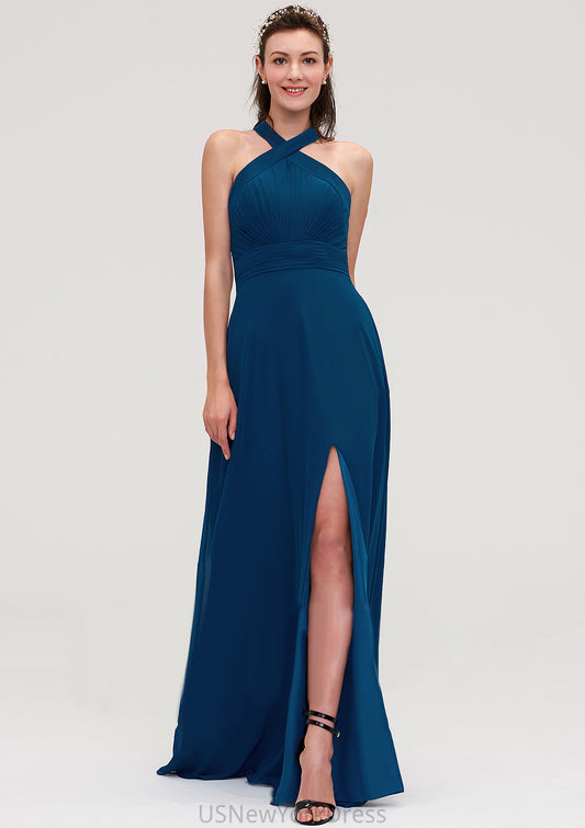 Scalloped Neck Sleeveless A-line/Princess Chiffon Long/Floor-Length Bridesmaid Dresseses With Split Pleated Carly DJP0025424