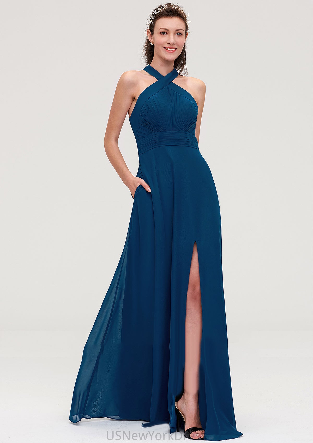 Scalloped Neck Sleeveless A-line/Princess Chiffon Long/Floor-Length Bridesmaid Dresseses With Split Pleated Carly DJP0025424