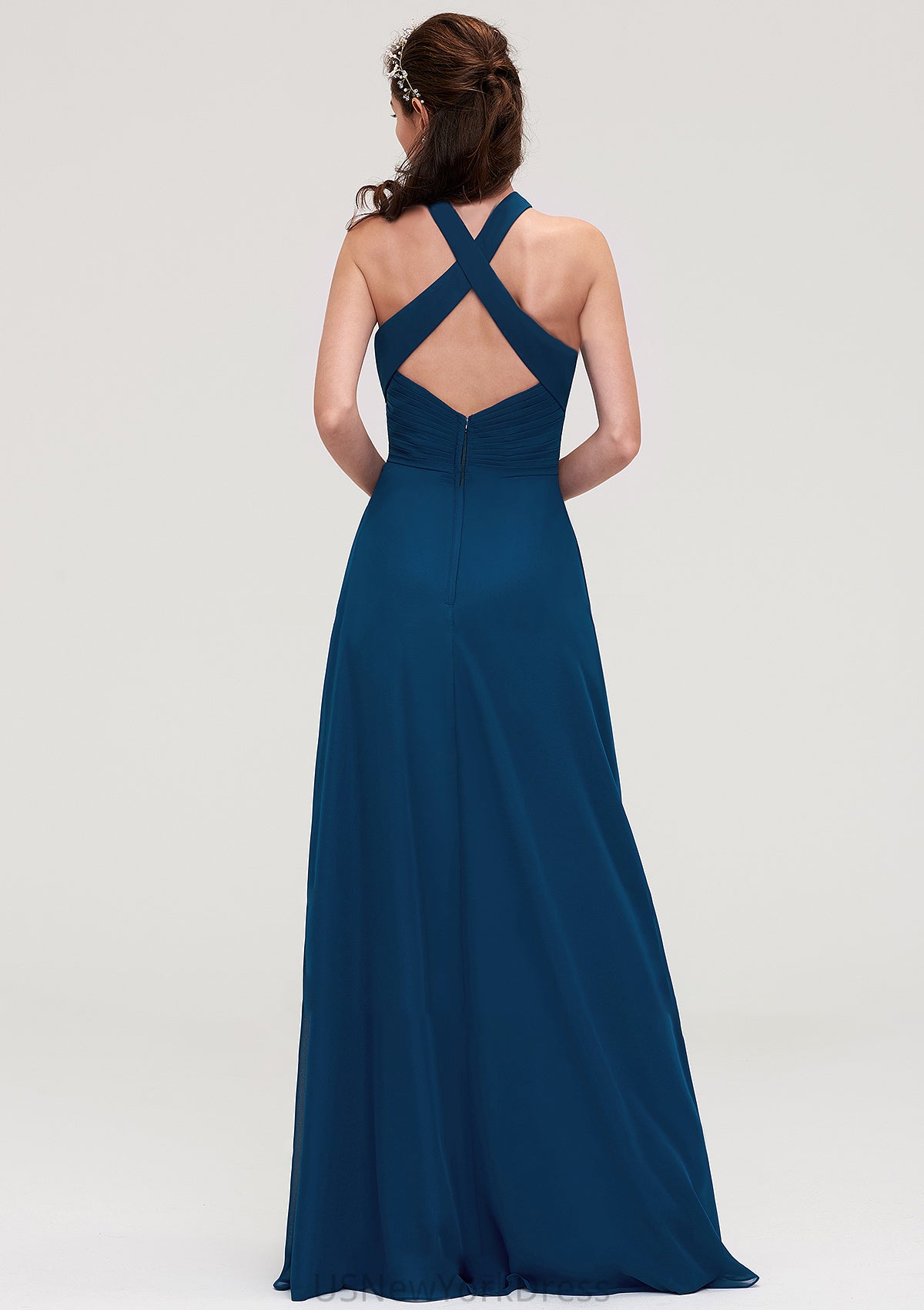 Scalloped Neck Sleeveless A-line/Princess Chiffon Long/Floor-Length Bridesmaid Dresseses With Split Pleated Carly DJP0025424