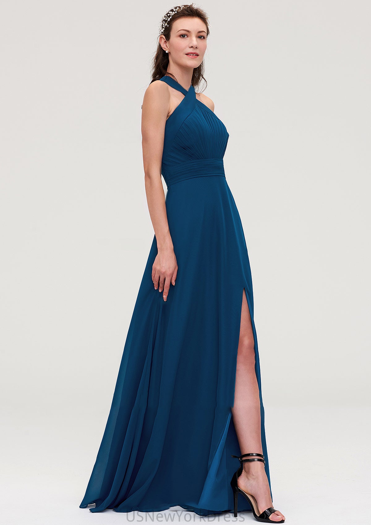 Scalloped Neck Sleeveless A-line/Princess Chiffon Long/Floor-Length Bridesmaid Dresseses With Split Pleated Carly DJP0025424