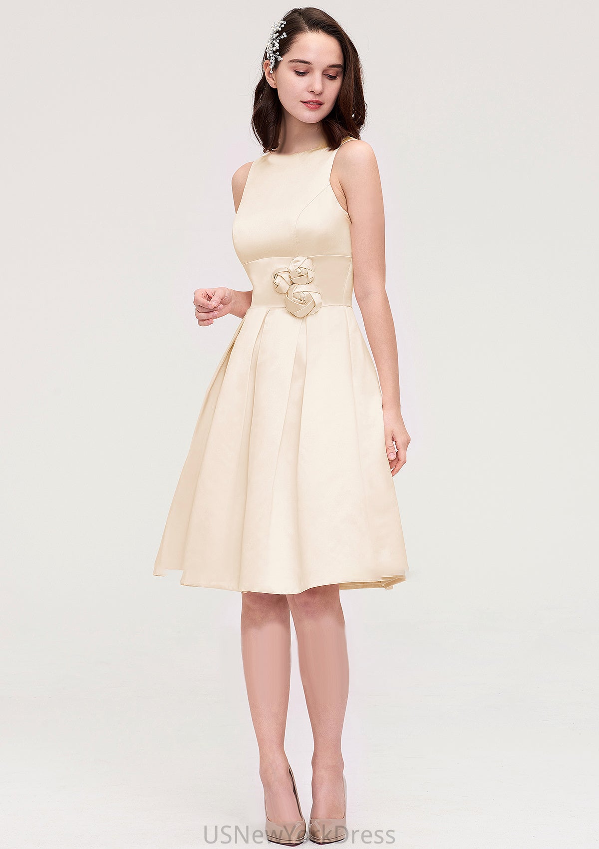 Sleeveless Bateau Knee-Length Satin A-line/Princess Bridesmaid Dresses With Pleated Flowers Muriel DJP0025425