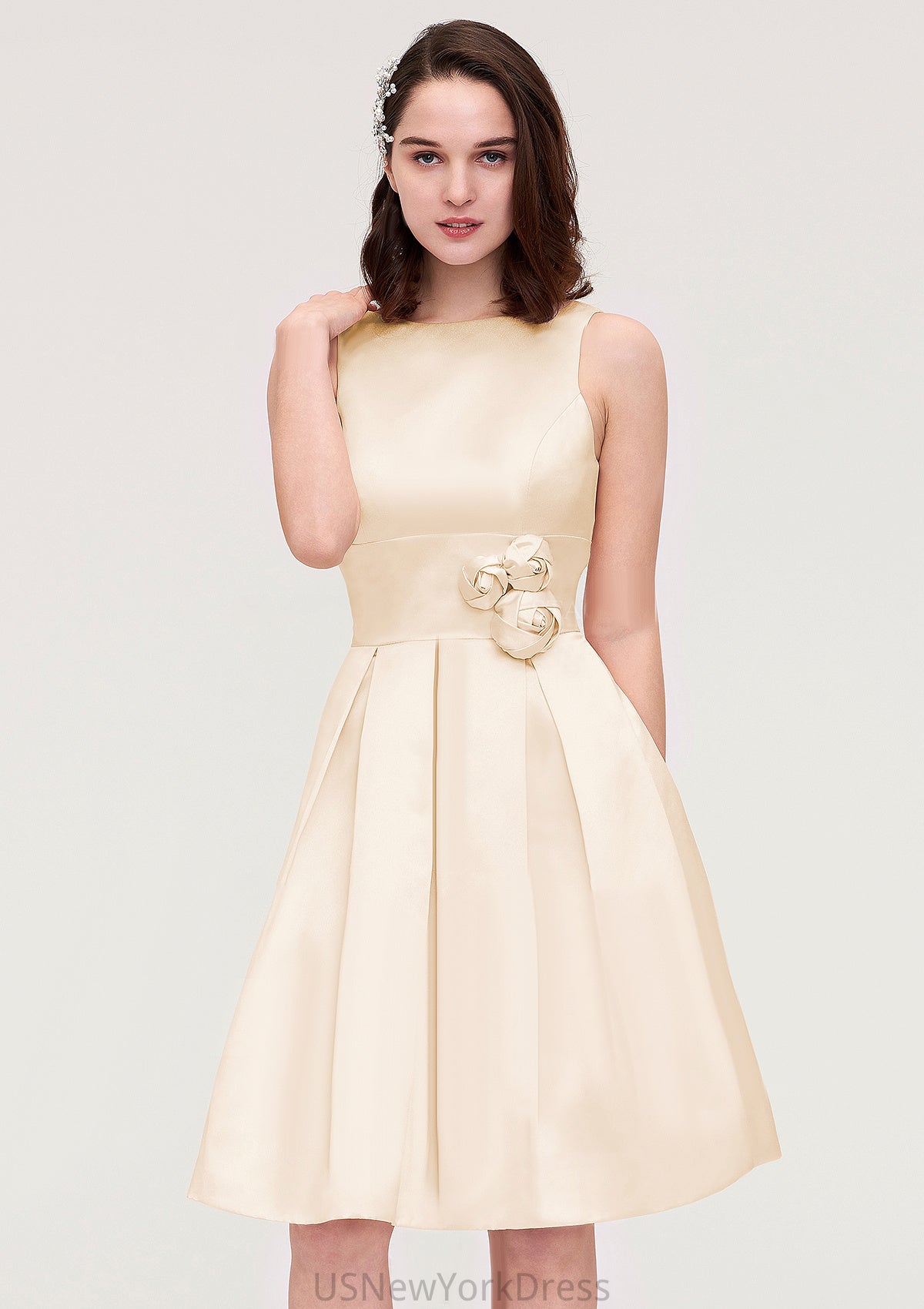 Sleeveless Bateau Knee-Length Satin A-line/Princess Bridesmaid Dresses With Pleated Flowers Muriel DJP0025425