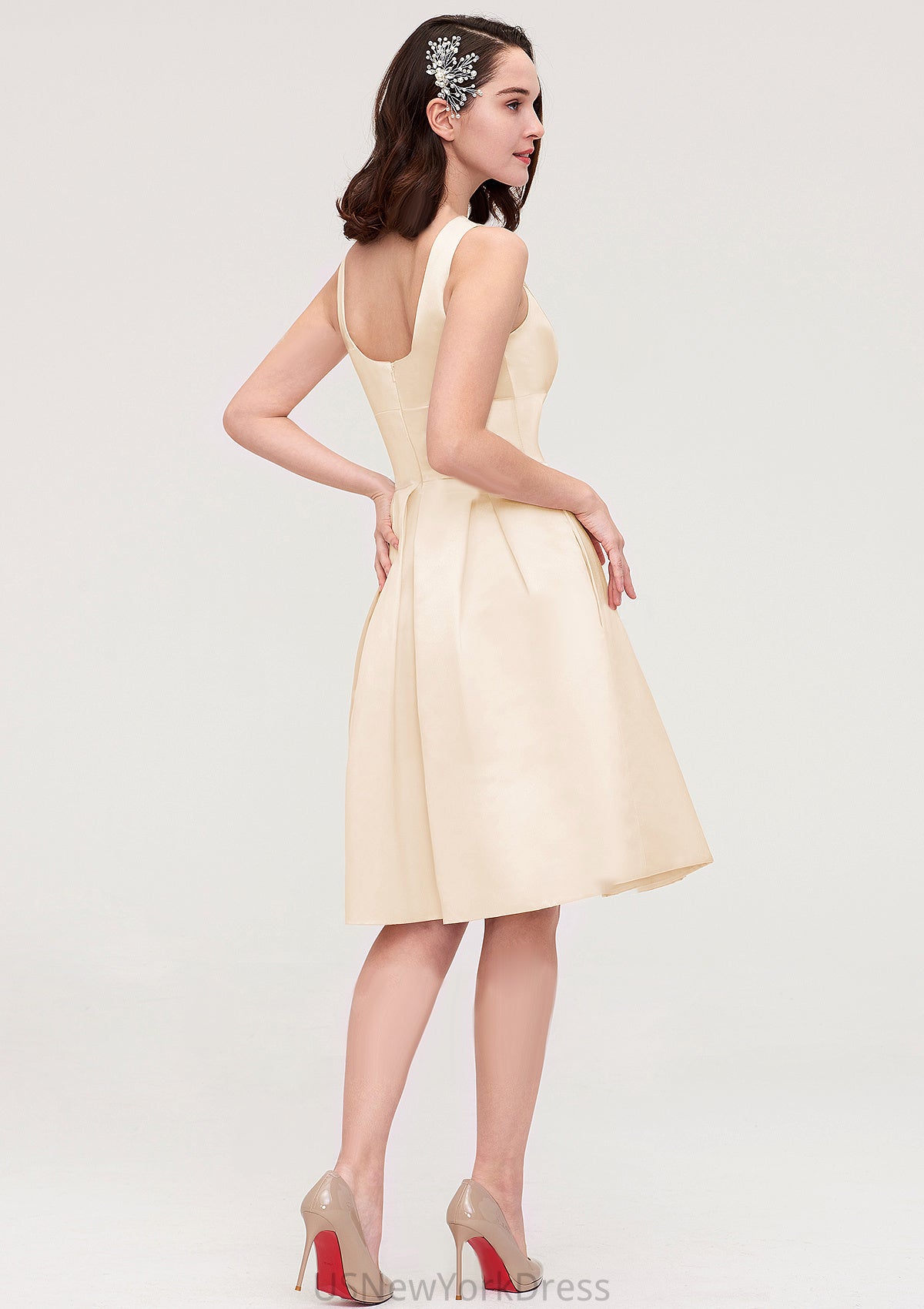 Sleeveless Bateau Knee-Length Satin A-line/Princess Bridesmaid Dresses With Pleated Flowers Muriel DJP0025425