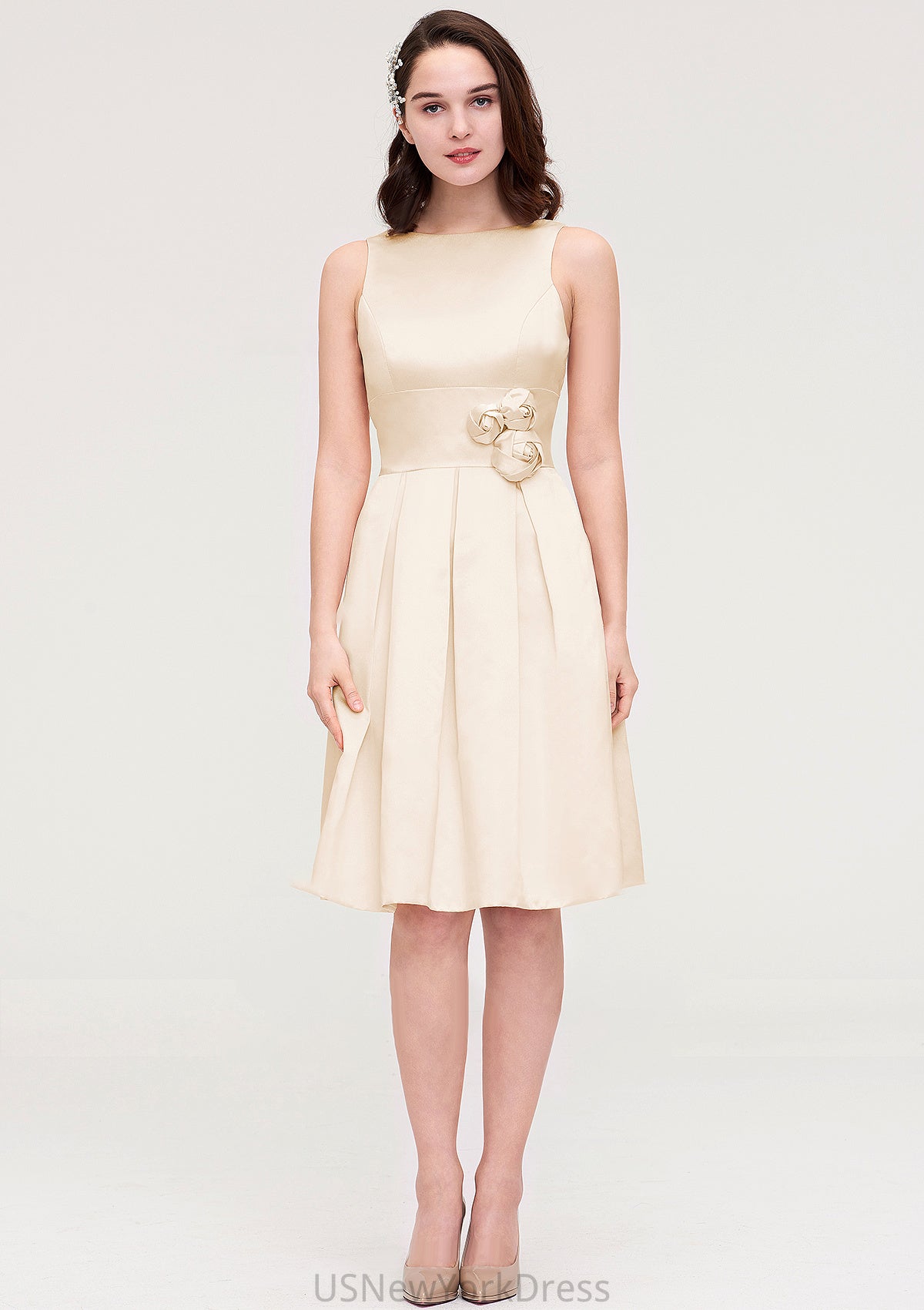 Sleeveless Bateau Knee-Length Satin A-line/Princess Bridesmaid Dresses With Pleated Flowers Muriel DJP0025425