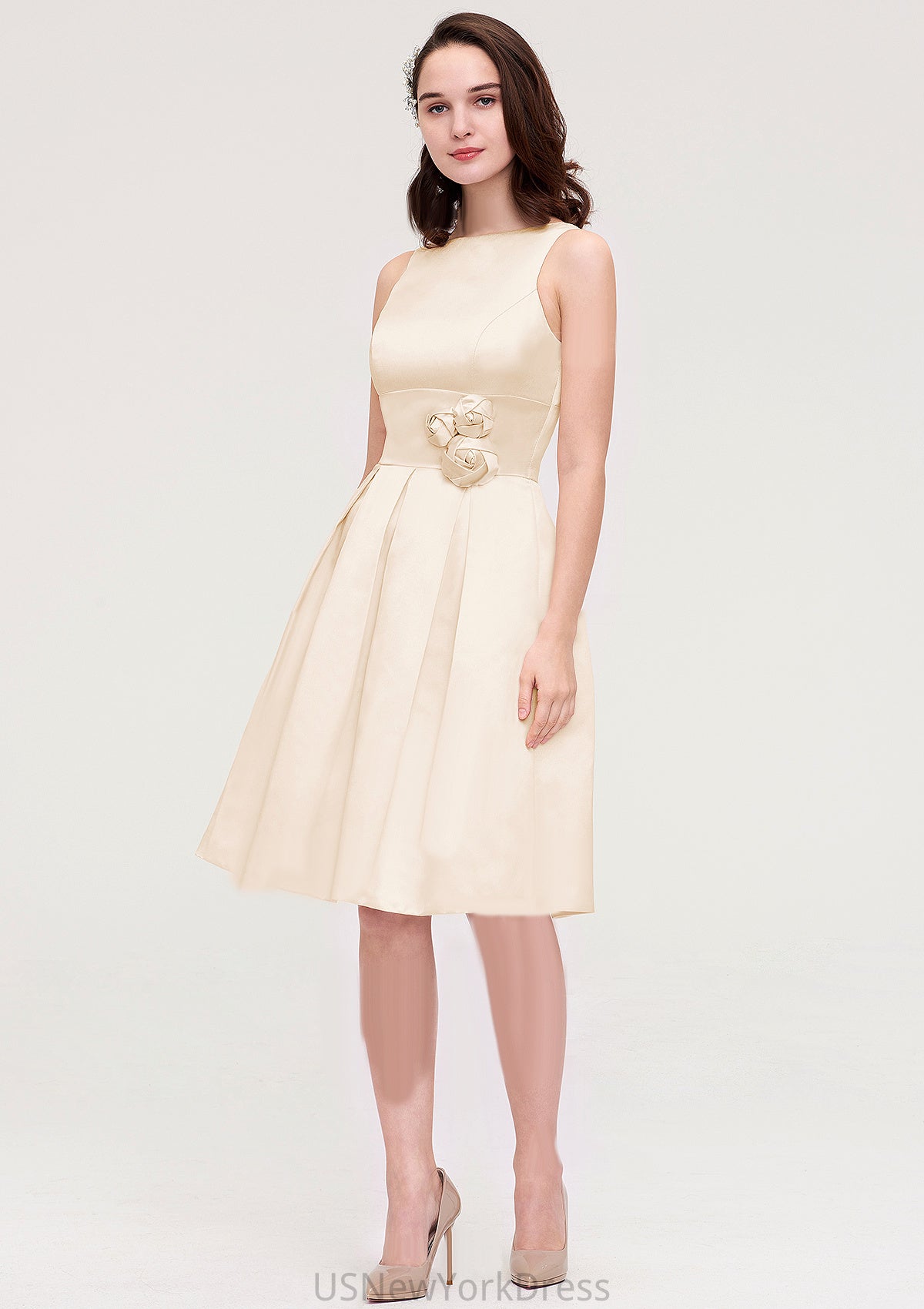 Sleeveless Bateau Knee-Length Satin A-line/Princess Bridesmaid Dresses With Pleated Flowers Muriel DJP0025425