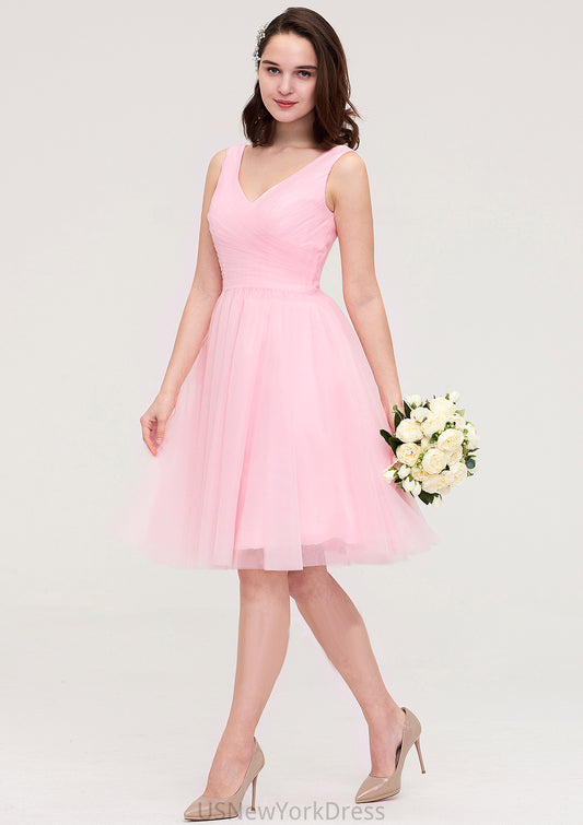 Sleeveless V Neck Knee-Length Tulle A-line/Princess Bridesmaid Dresses With Pleated Fernanda DJP0025426