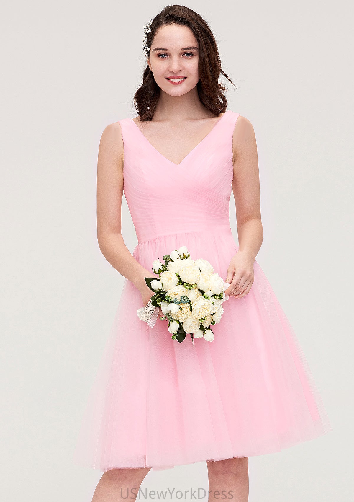 Sleeveless V Neck Knee-Length Tulle A-line/Princess Bridesmaid Dresses With Pleated Fernanda DJP0025426