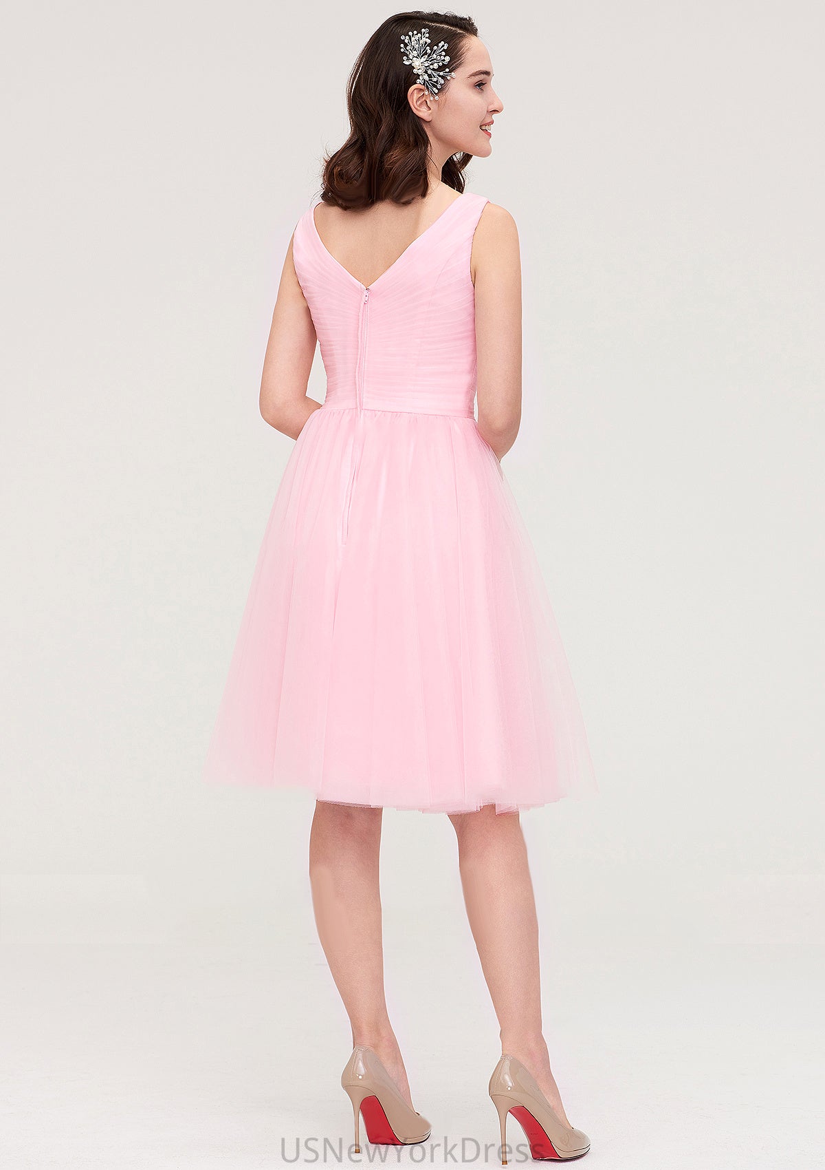 Sleeveless V Neck Knee-Length Tulle A-line/Princess Bridesmaid Dresses With Pleated Fernanda DJP0025426