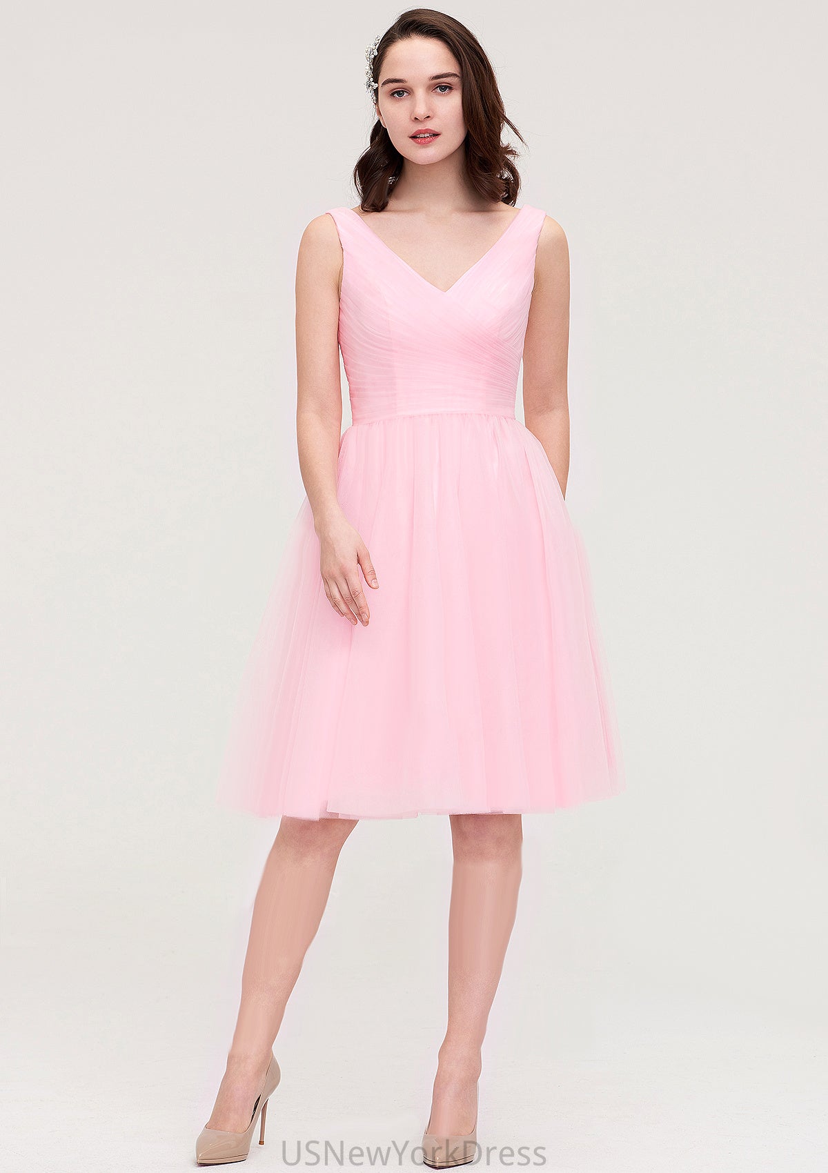 Sleeveless V Neck Knee-Length Tulle A-line/Princess Bridesmaid Dresses With Pleated Fernanda DJP0025426