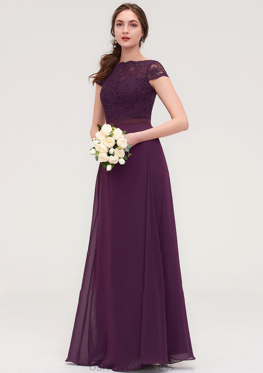 Short Sleeve Bateau Long/Floor-Length  Chiffon A-line/Princess Bridesmaid Dresses With Sashes Lace Brianna DJP0025428