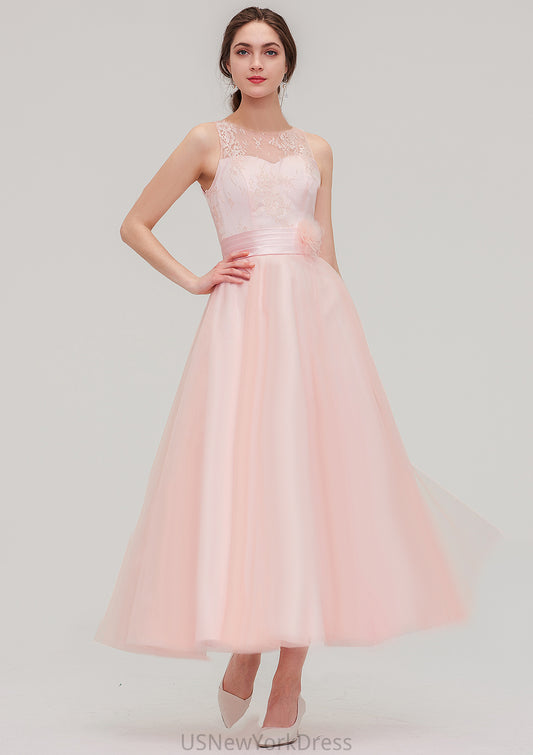 Tea-Length Sleeveless Bateau Tulle A-line/Princess Bridesmaid Dresses With Waistband Lace Olive DJP0025429