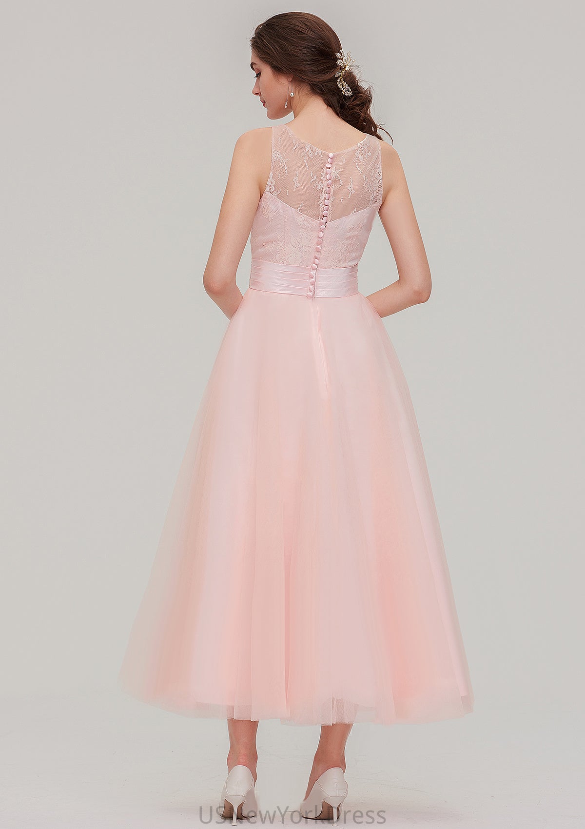 Tea-Length Sleeveless Bateau Tulle A-line/Princess Bridesmaid Dresses With Waistband Lace Olive DJP0025429