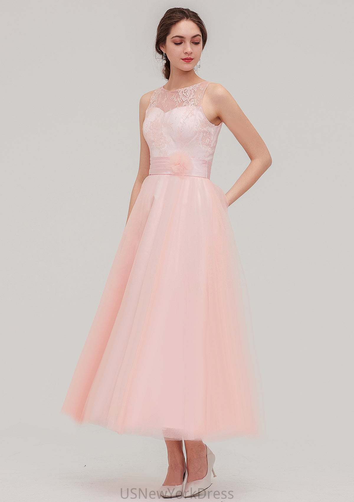 Tea-Length Sleeveless Bateau Tulle A-line/Princess Bridesmaid Dresses With Waistband Lace Olive DJP0025429