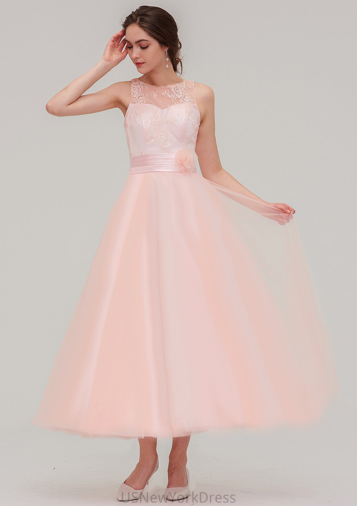 Tea-Length Sleeveless Bateau Tulle A-line/Princess Bridesmaid Dresses With Waistband Lace Olive DJP0025429