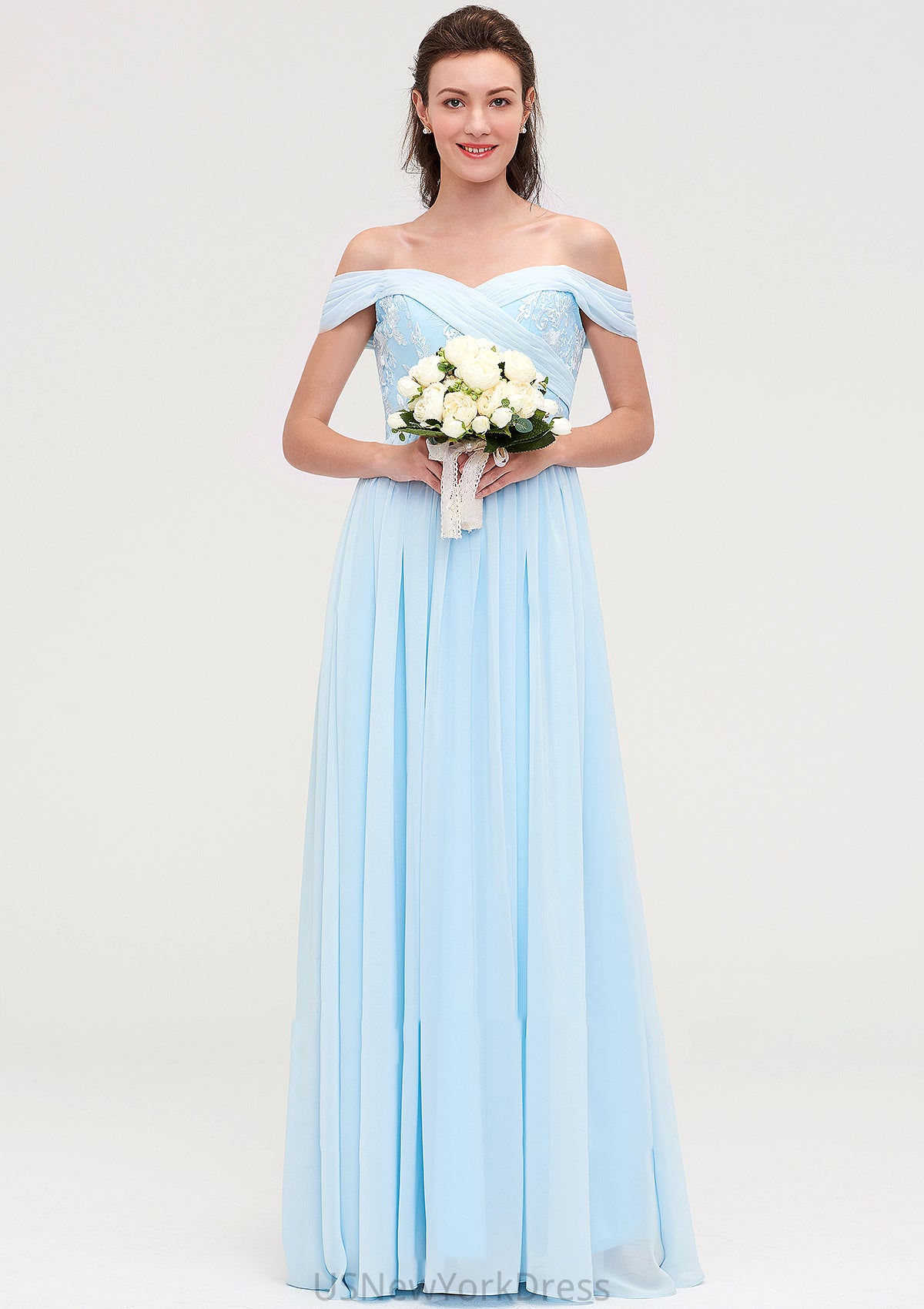 Off-the-Shoulder Sleeveless Chiffon A-line/Princess Long/Floor-Length Bridesmaid Dresseses With Pleated Appliqued Joanne DJP0025431