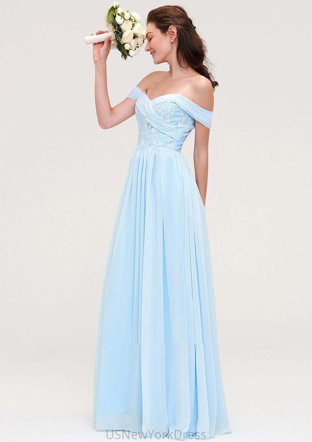 Off-the-Shoulder Sleeveless Chiffon A-line/Princess Long/Floor-Length Bridesmaid Dresseses With Pleated Appliqued Joanne DJP0025431