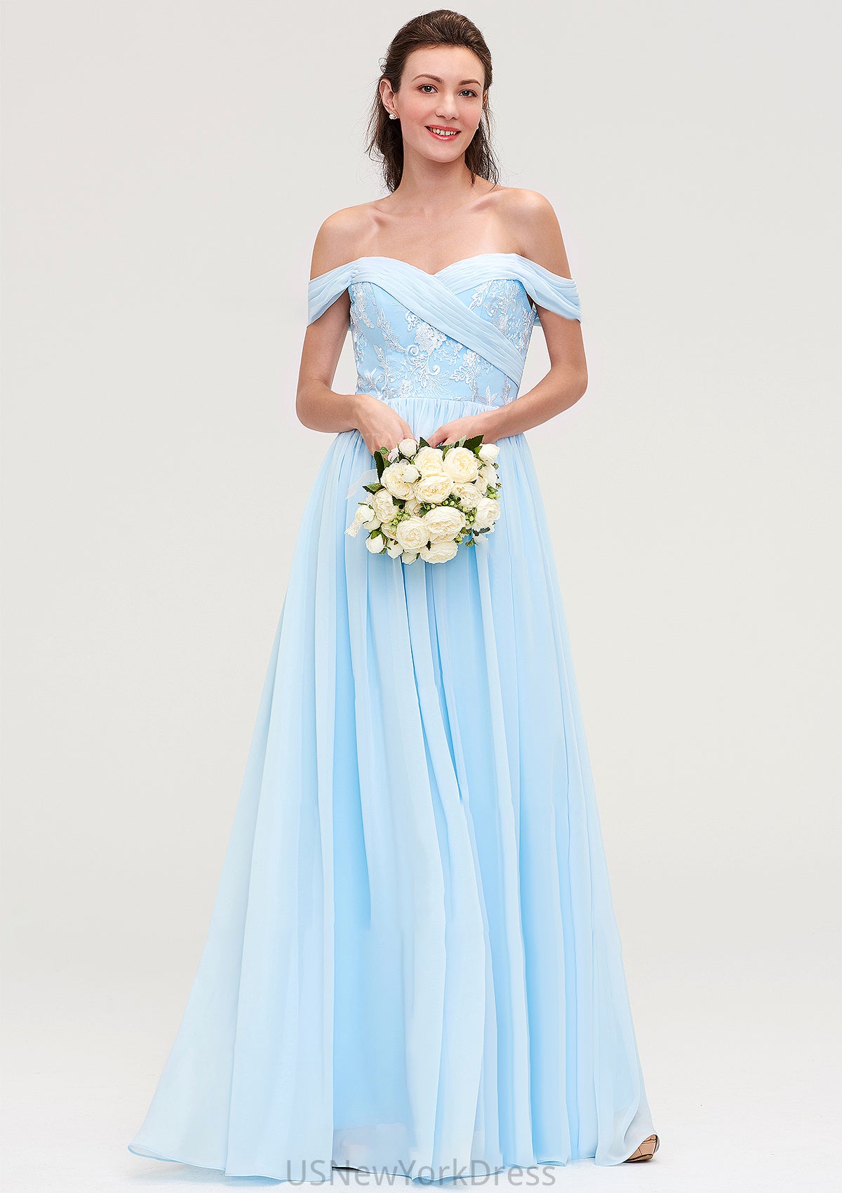 Off-the-Shoulder Sleeveless Chiffon A-line/Princess Long/Floor-Length Bridesmaid Dresseses With Pleated Appliqued Joanne DJP0025431