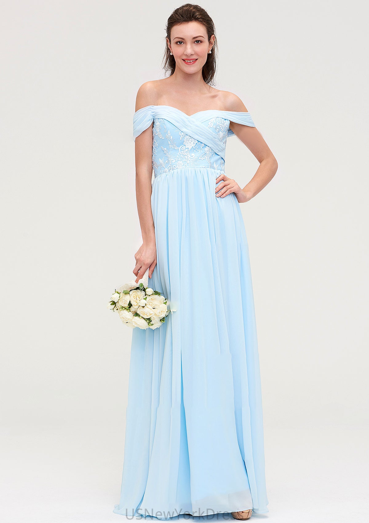 Off-the-Shoulder Sleeveless Chiffon A-line/Princess Long/Floor-Length Bridesmaid Dresseses With Pleated Appliqued Joanne DJP0025431