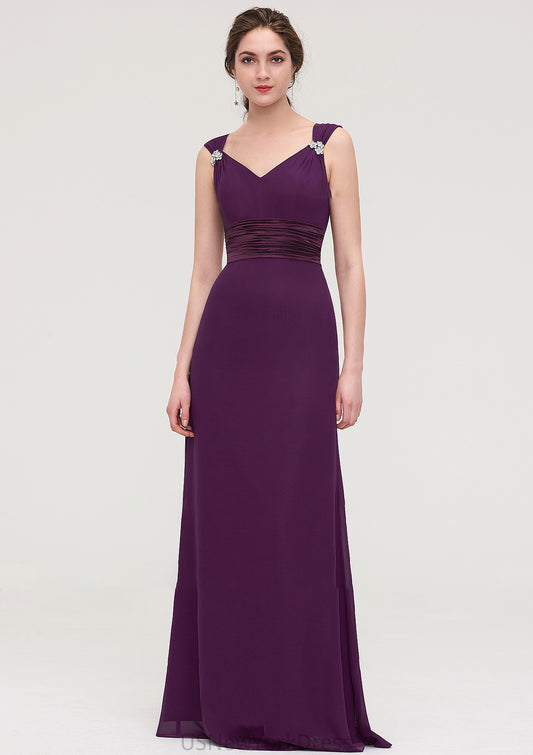 Sleeveless V Neck Long/Floor-Length Sheath/Column Chiffon Bridesmaid Dresses With Sashes Beading Pleated Cierra DJP0025432