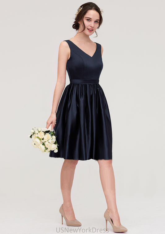 V Neck Sleeveless A-line/Princess Knee-Length Satin Bridesmaid Dresses With Pleated Madyson DJP0025433