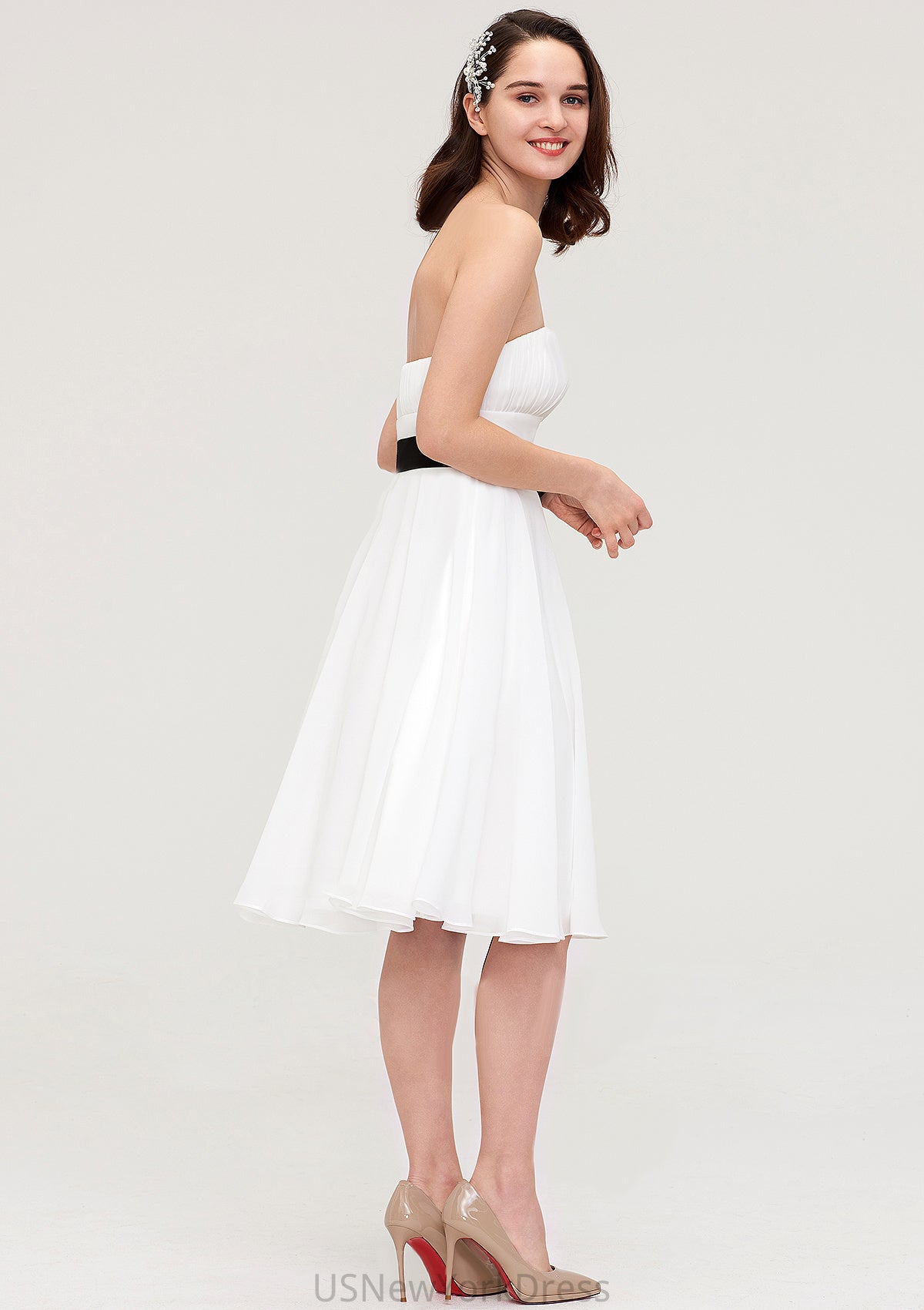 Strapless Sleeveless Knee-Length Chiffon A-line/Princess Bridesmaid Dresses With Pleated Sashes Miah DJP0025436