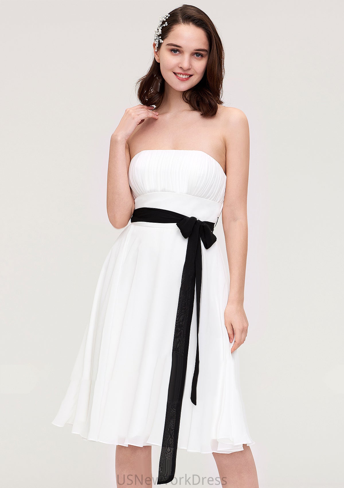 Strapless Sleeveless Knee-Length Chiffon A-line/Princess Bridesmaid Dresses With Pleated Sashes Miah DJP0025436