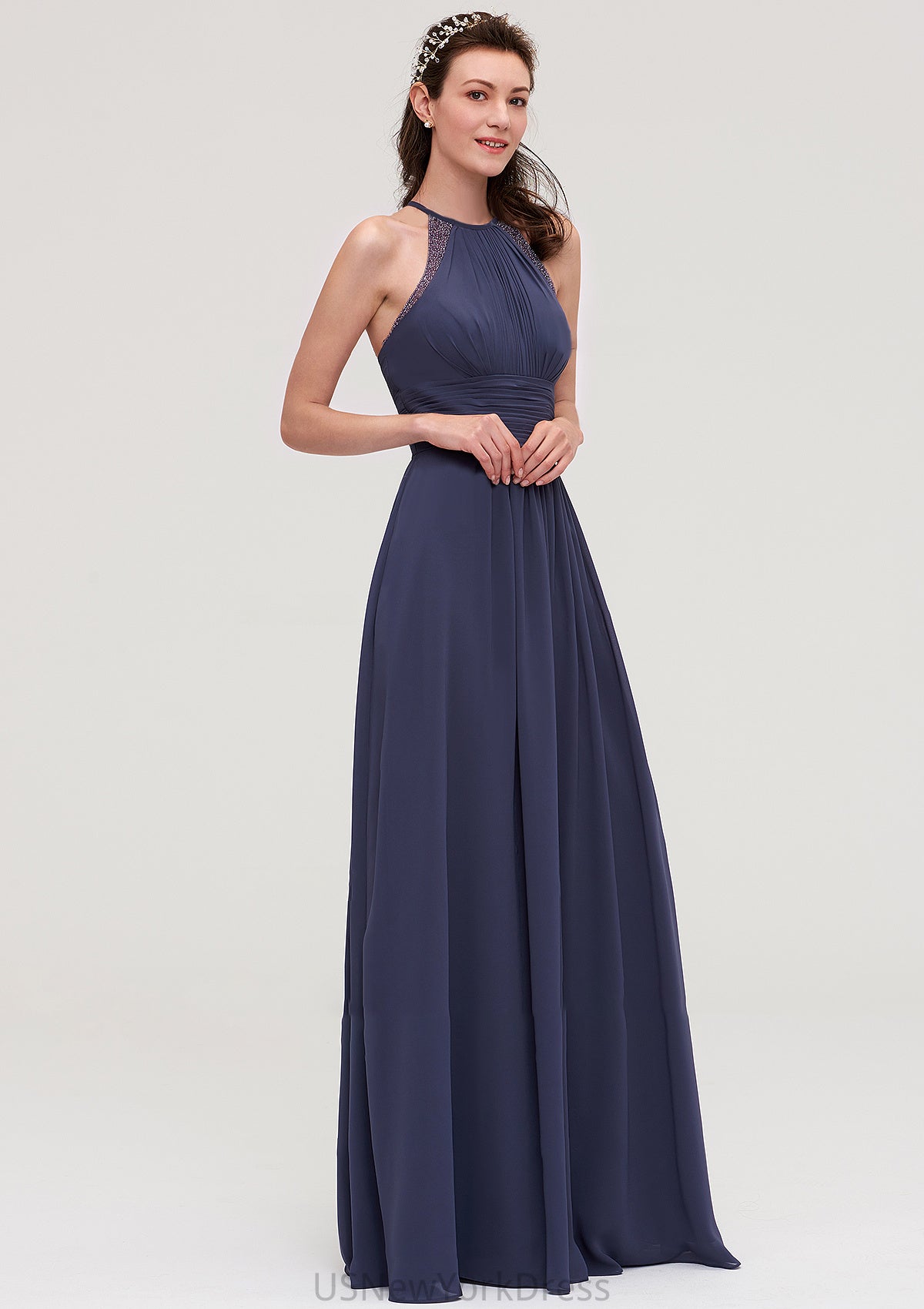 Scoop Neck Sleeveless A-line/Princess Chiffon Long/Floor-Length Bridesmaid Dresseses With Pleated Appliqued Aniya DJP0025439