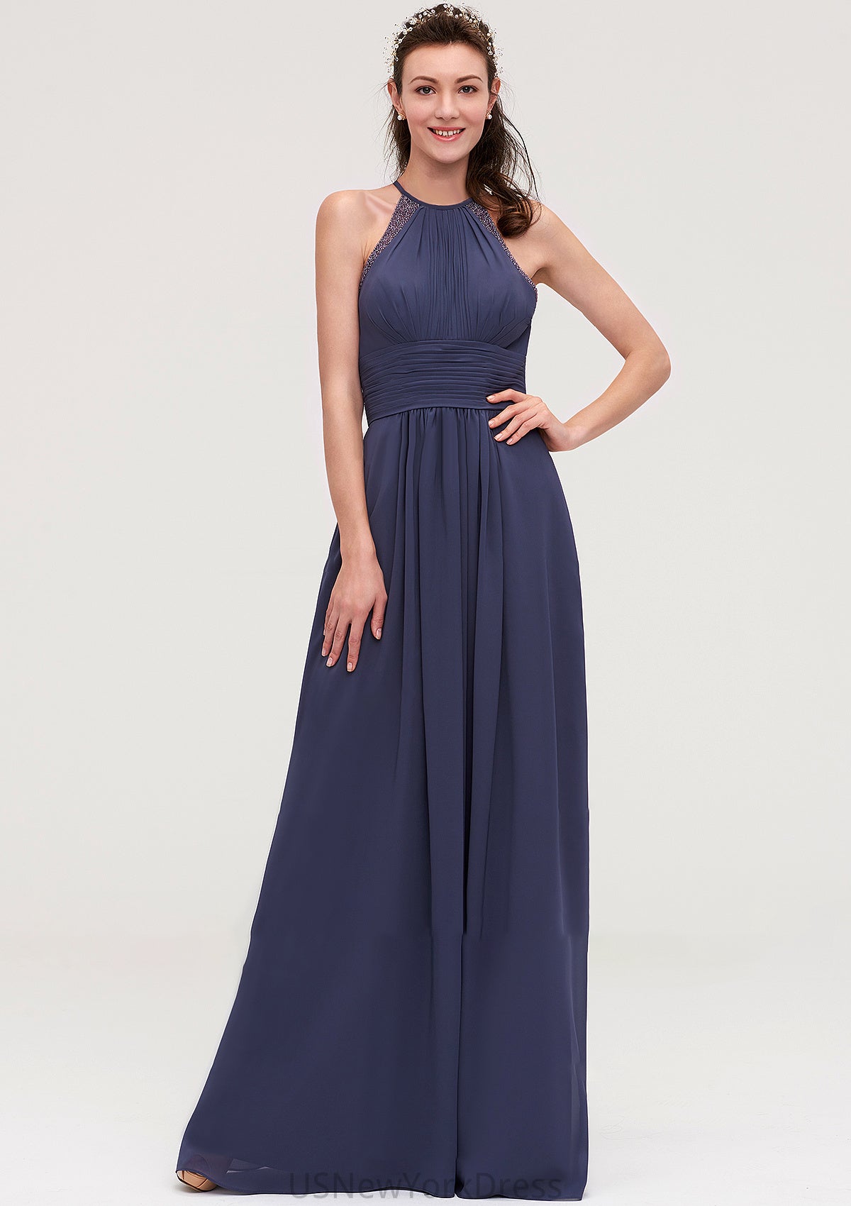 Scoop Neck Sleeveless A-line/Princess Chiffon Long/Floor-Length Bridesmaid Dresseses With Pleated Appliqued Aniya DJP0025439