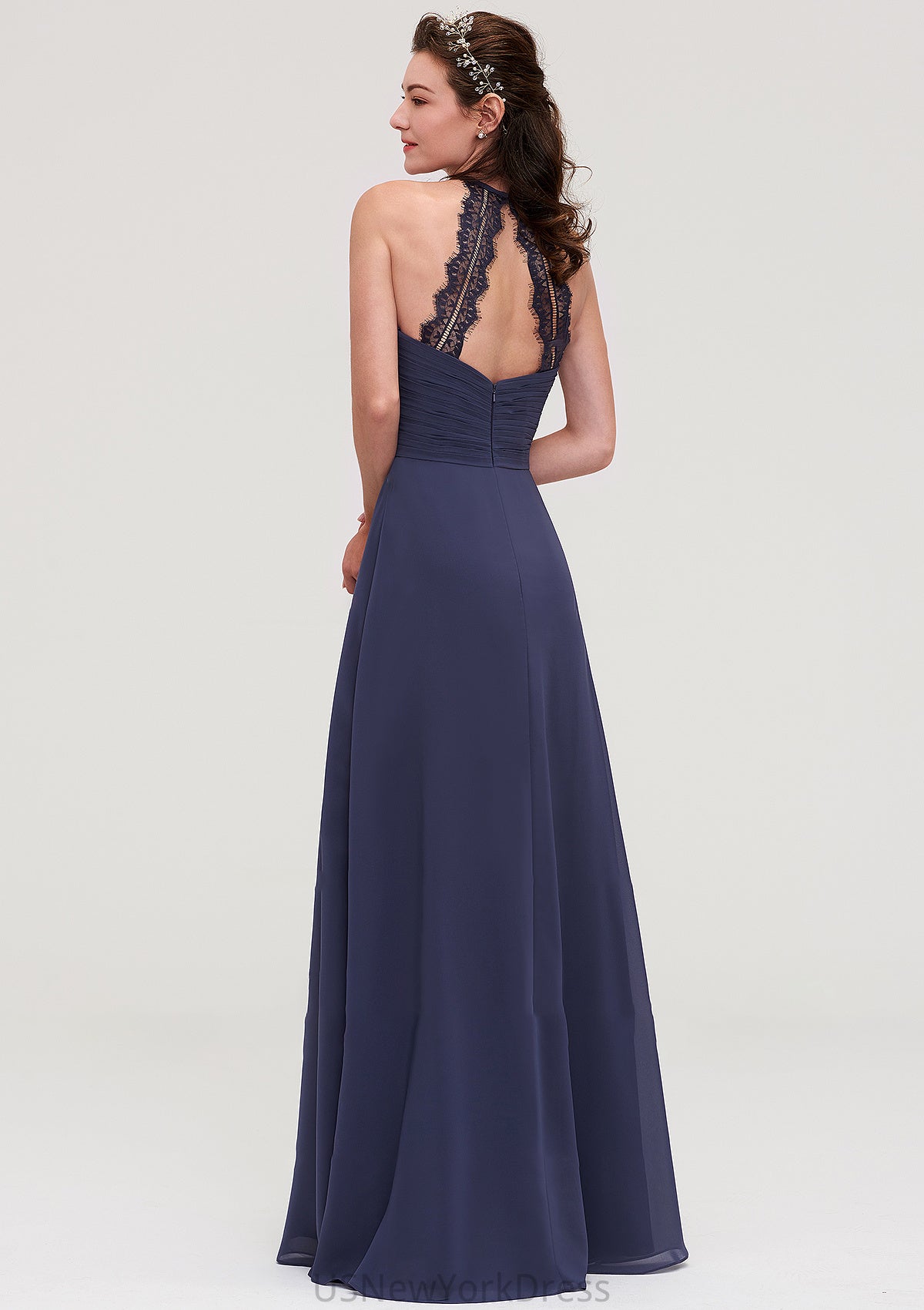 Scoop Neck Sleeveless A-line/Princess Chiffon Long/Floor-Length Bridesmaid Dresseses With Pleated Appliqued Aniya DJP0025439